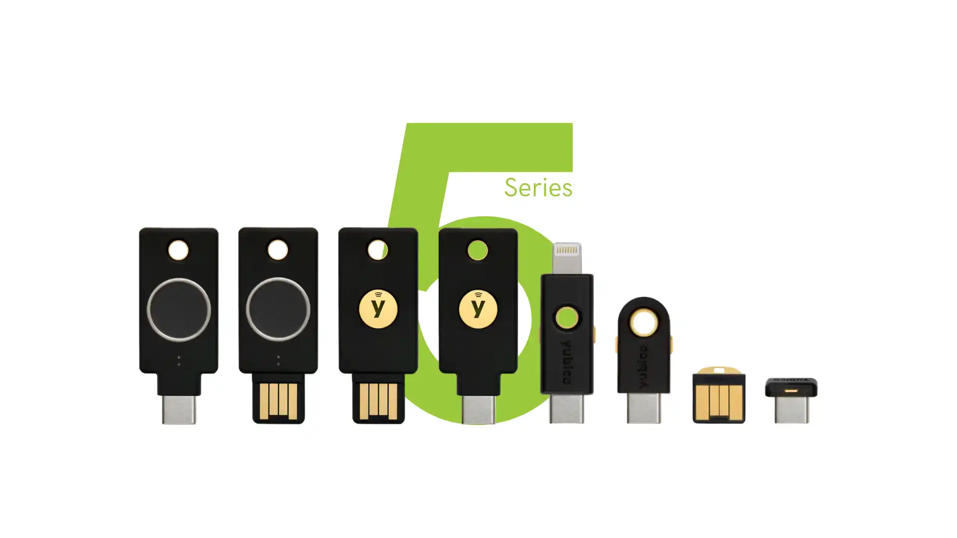 Gamme complète de clés de sécurité Yubico YubiKey Série 5, Bio et Nano pour une protection physique FIDO2 et 2FA.